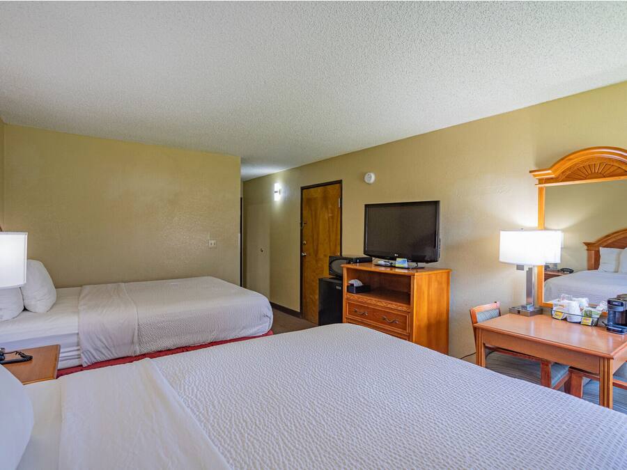 Una habitación de hotel con dos camas, televisión, escritorio con lámpara y espejo.
