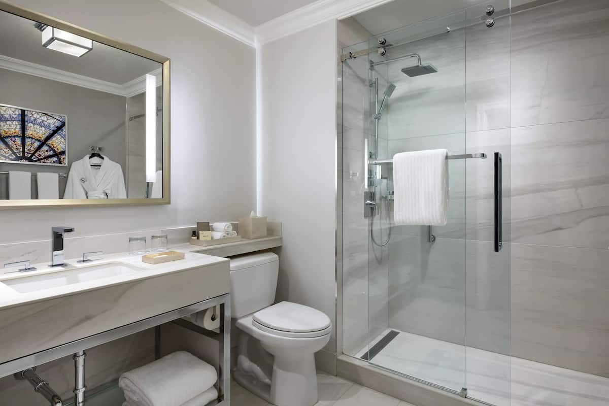 A modern bathroom with a glass-enclosed shower, a white toilet, and a vanity with a mirror and sink.