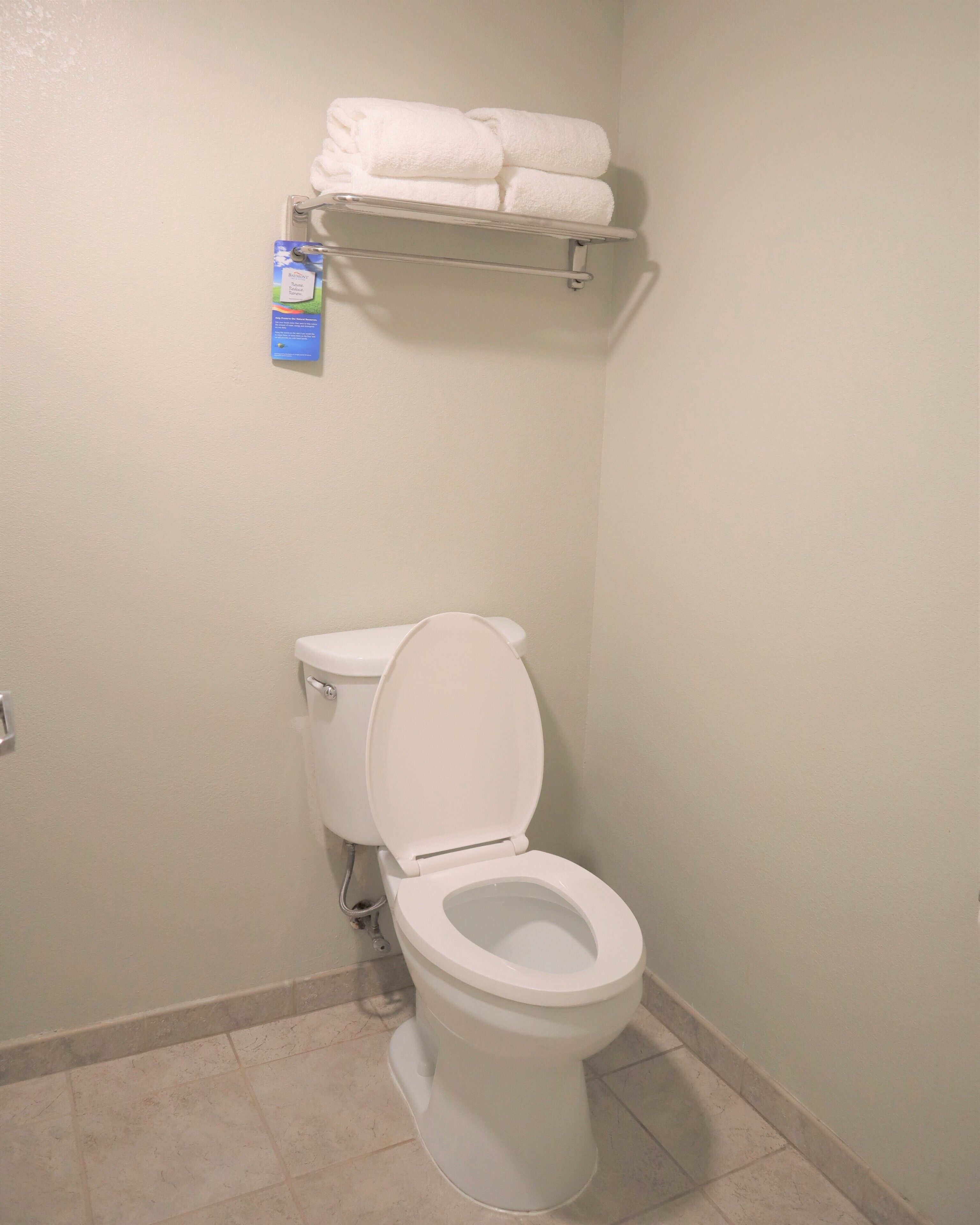 A bathroom with a toilet, a shelf with folded towels, and a visible toilet paper holder.