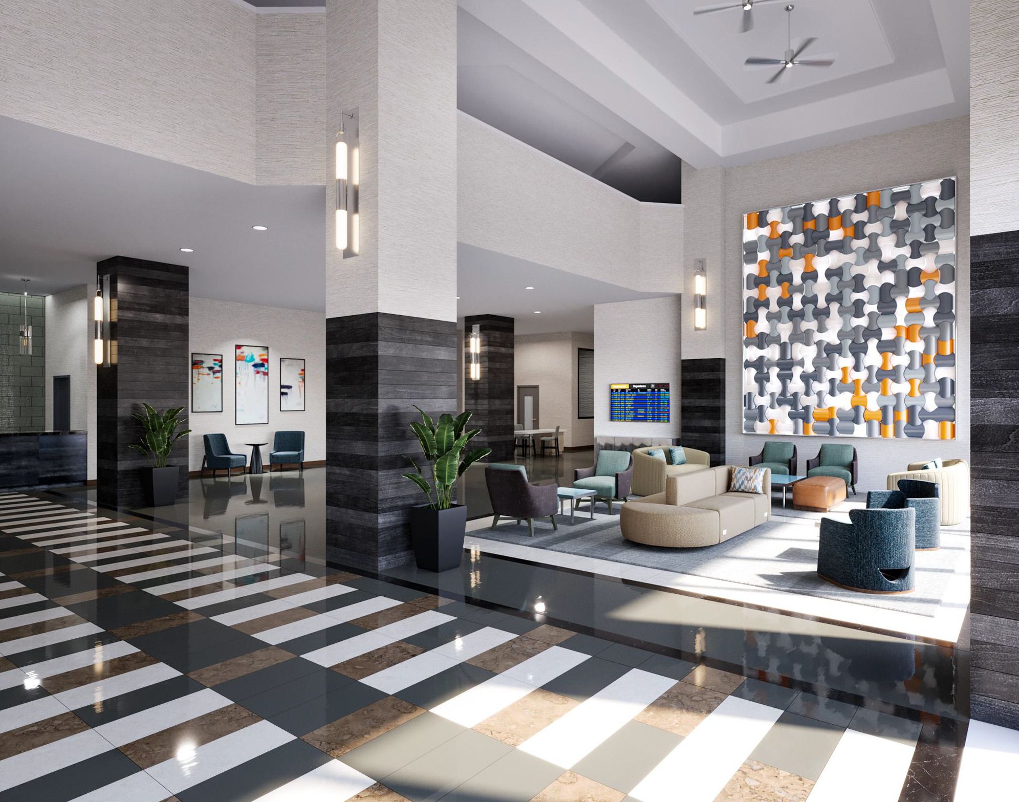 Eine moderne Lobby mit Schachbrettmuster-Boden, Sitzgelegenheiten und einer Wand mit geometrischem Muster.