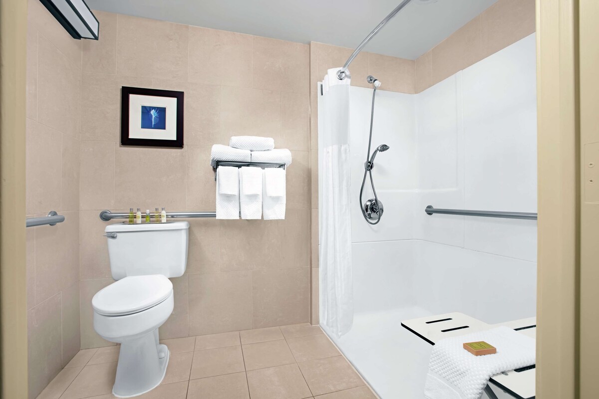 A modern bathroom with a toilet, a shower, and a bathtub.