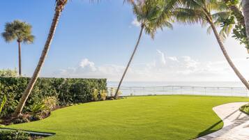 A landscaped area with palm trees, a curved pathway, and a view of the ocean.