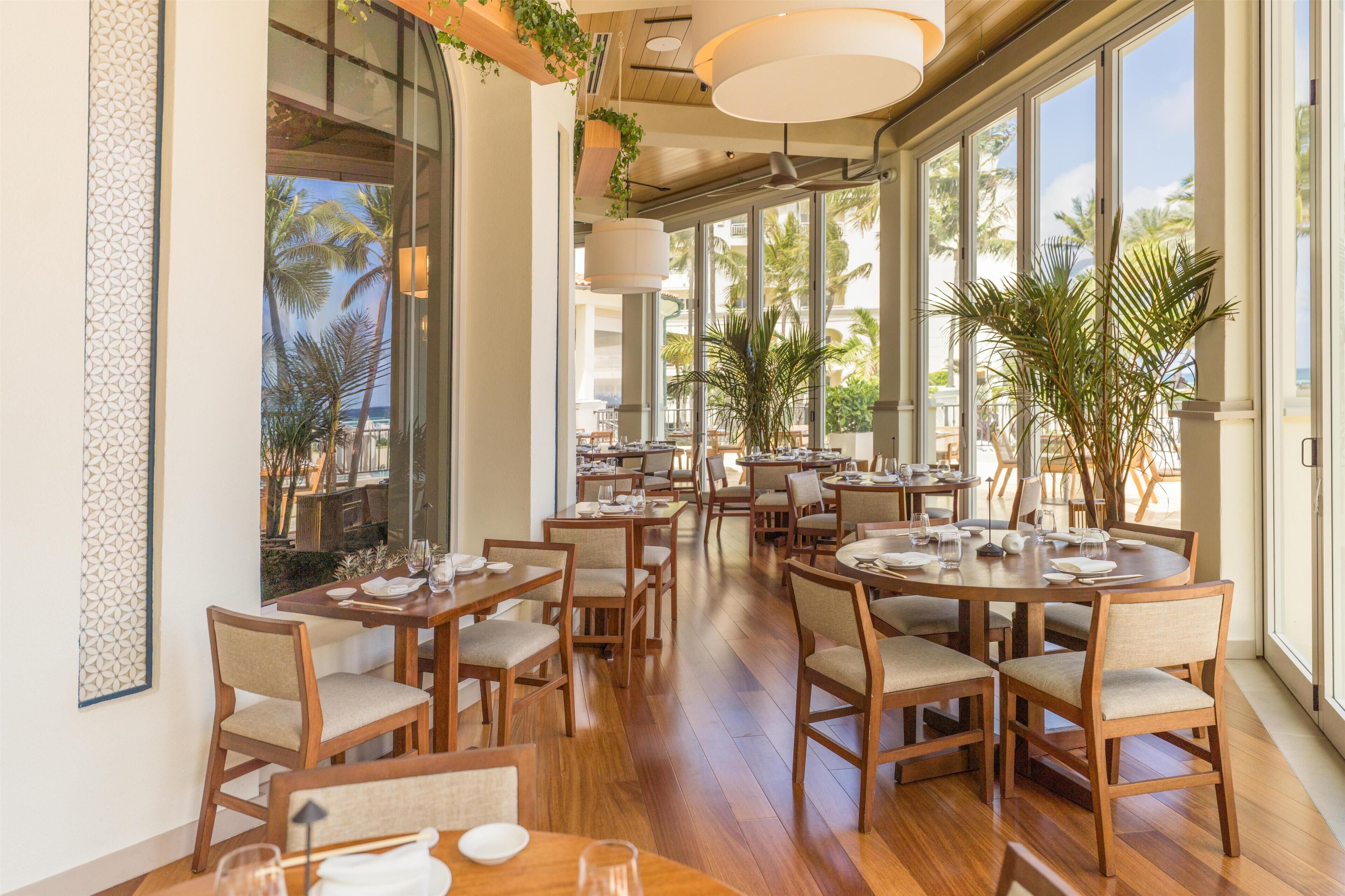 A restaurant with wooden tables and chairs, large windows, and indoor plants.