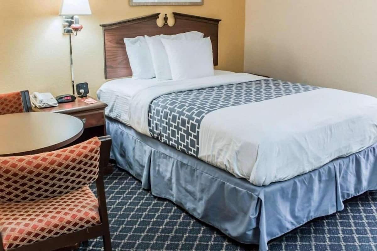 A hotel room with a bed, a desk, a chair, a lamp, and a framed picture on the wall.