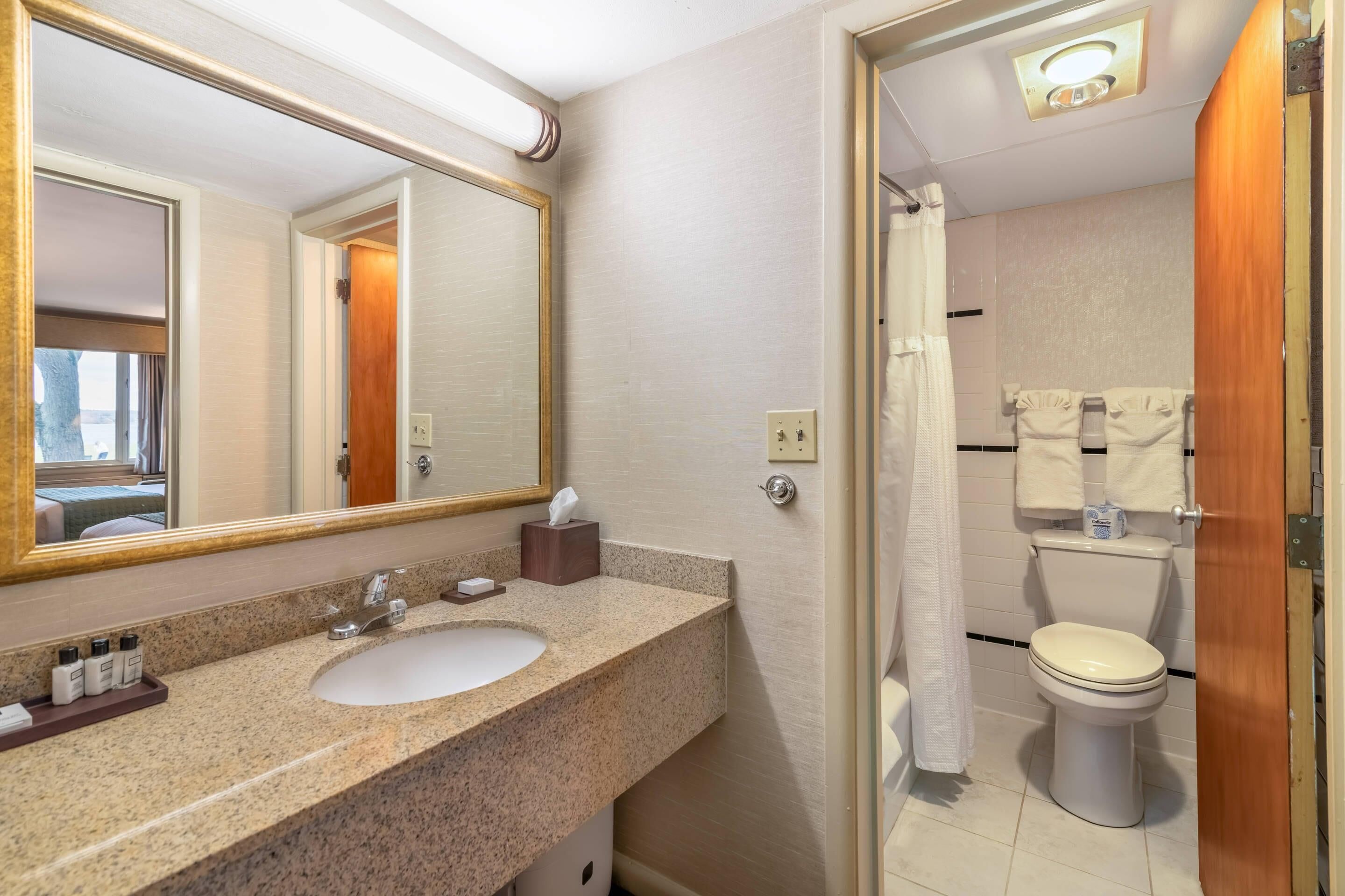 A bathroom with a granite countertop sink, a mirror, a towel rack, and a toilet.