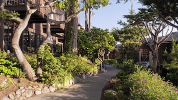 A pathway flanked by stone walls and lush greenery, leading to a building with a traditional architectural style.