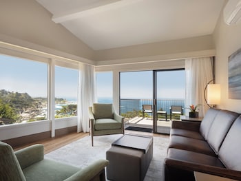 Big Sur Suite, 1 Bedroom, Ocean View | Living area | 54-inch flat-screen TV with cable channels, TV, fireplace at Hyatt Carmel Highlands