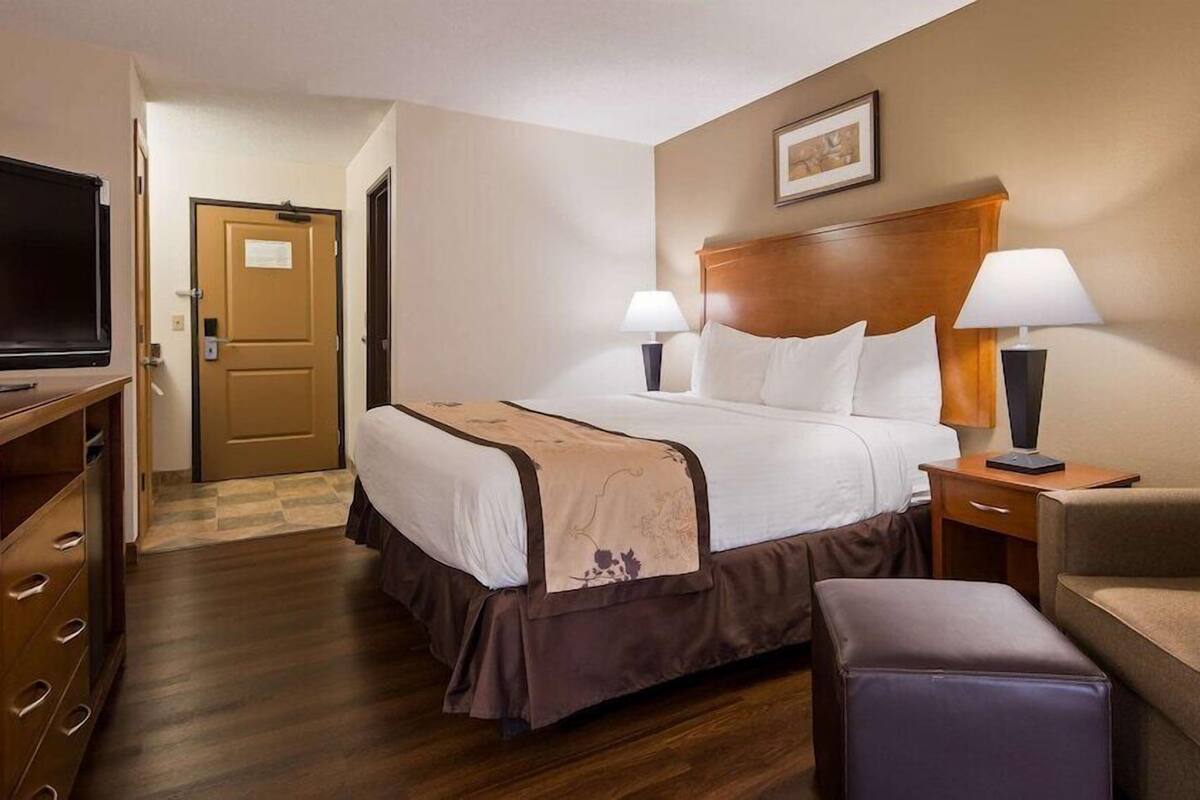 A hotel room with a bed, two bedside lamps, a TV, a chair, and a desk.