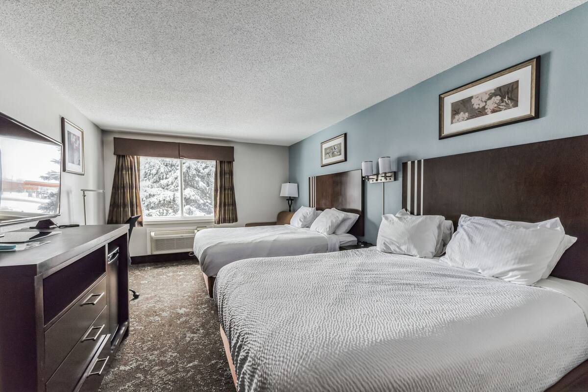 standard room, 2 queen beds, non smoking, refrigerator | premium bedding, pillow-top beds, in-room safe, desk