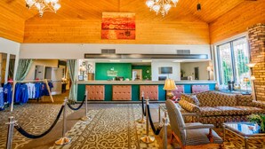 A hotel lobby with a reception desk, a patterned carpet, a sofa, and a chandelier.