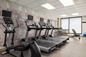 A gym with treadmills, ellipticals, and a bench.