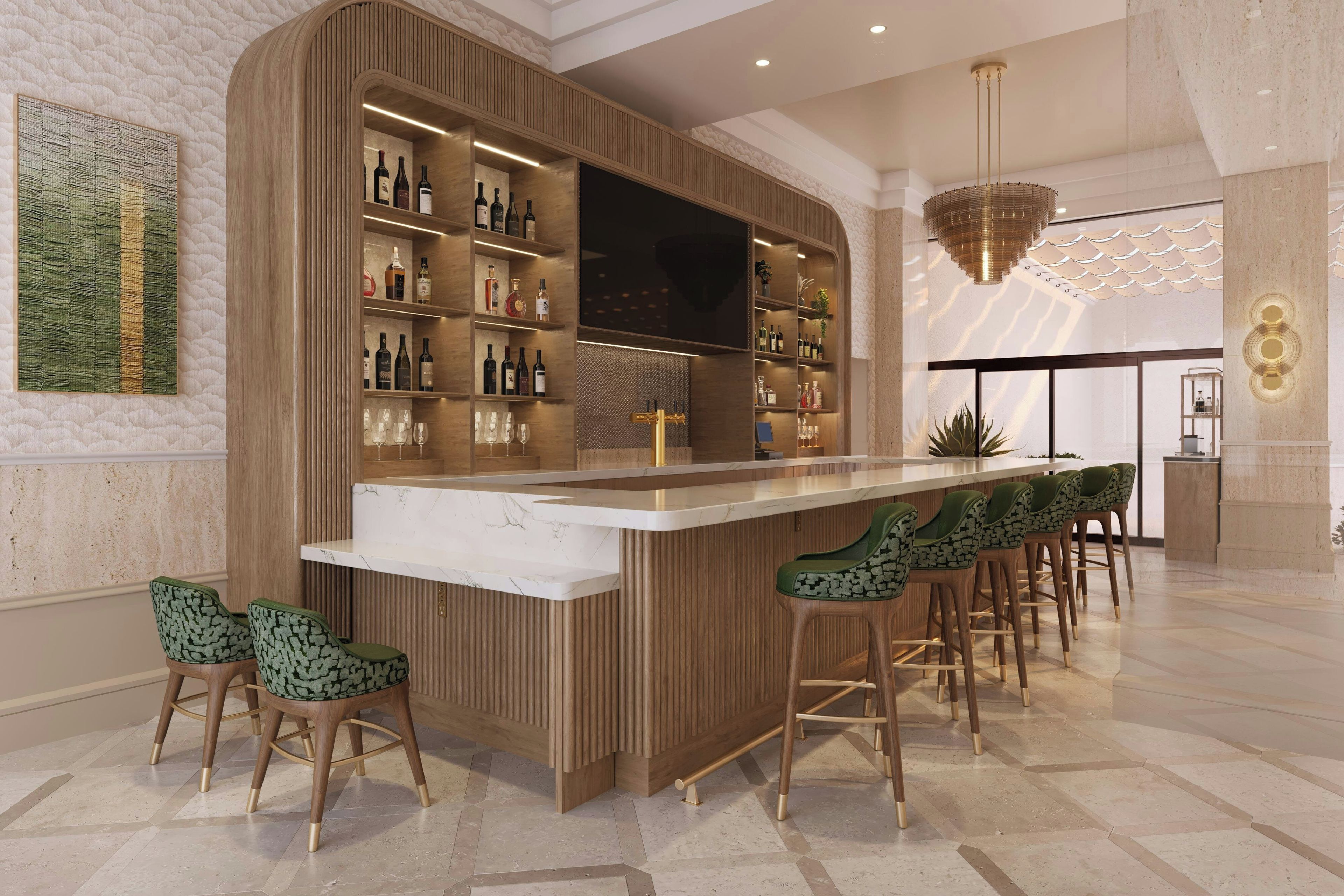 Een moderne bar met een marmeren aanrecht, houten barstoelen en diverse flessen en glazen.