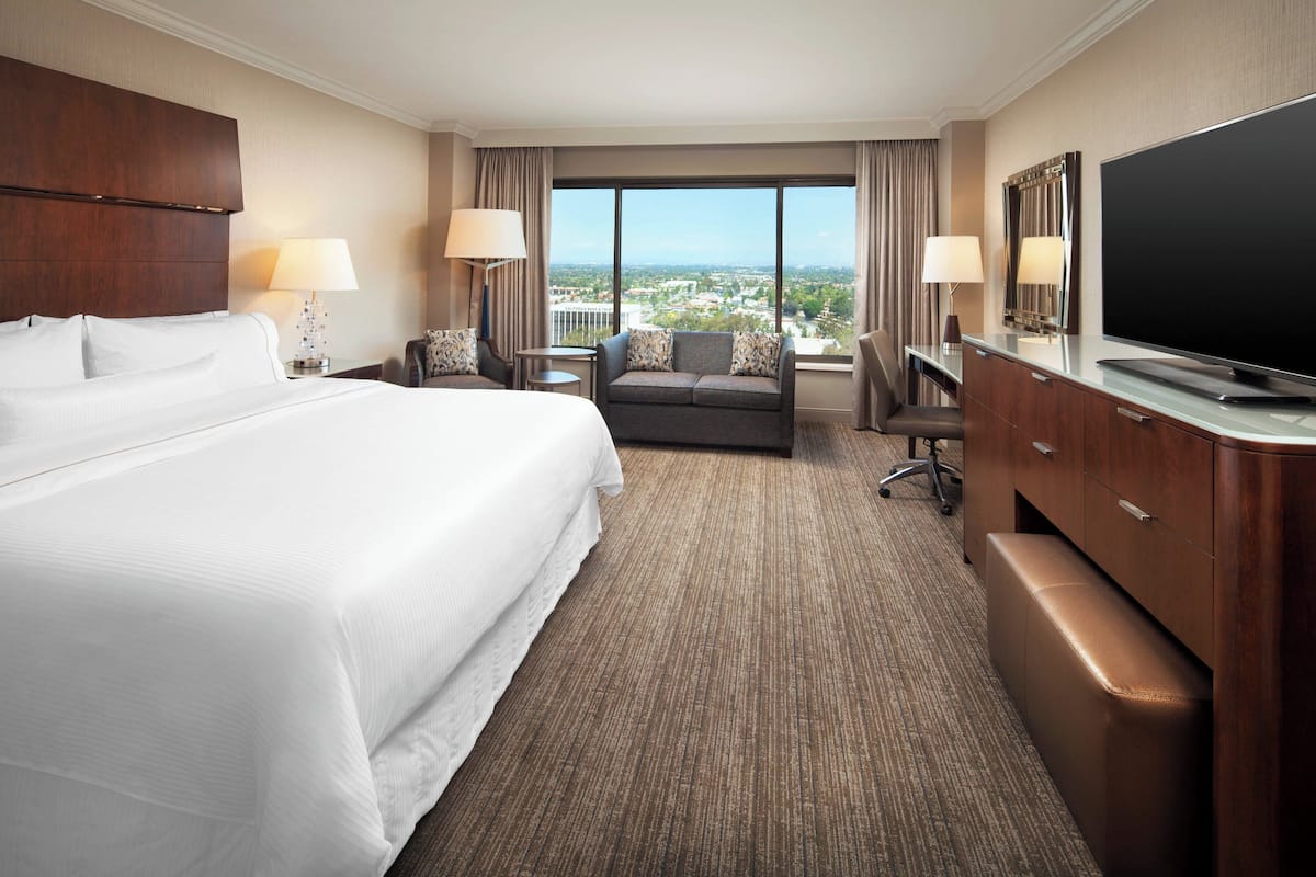 Habitación de hotel con una cama grande, un sofá, un escritorio con televisor y vistas a la ciudad.
