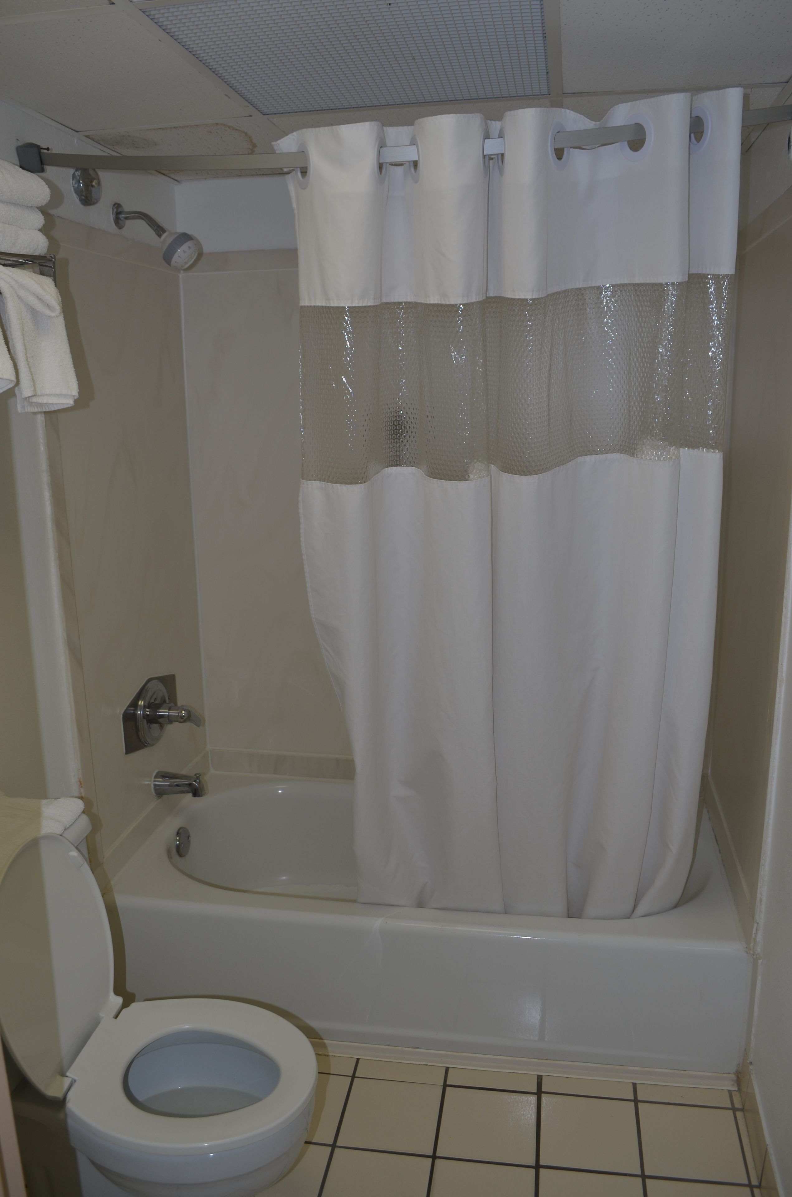 Een badkamer met bad, toilet en douchegordijn.