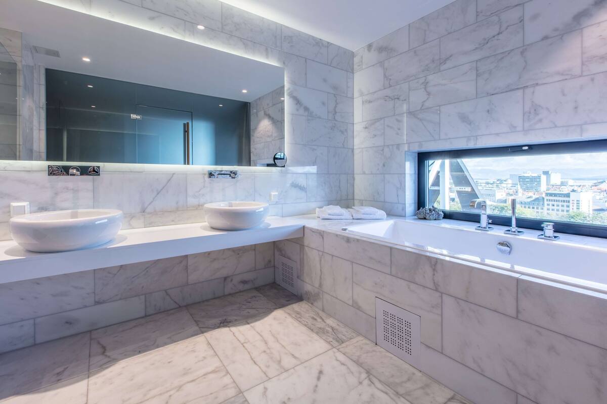 eco-friendly toiletries, hair dryer, heated floors, towels