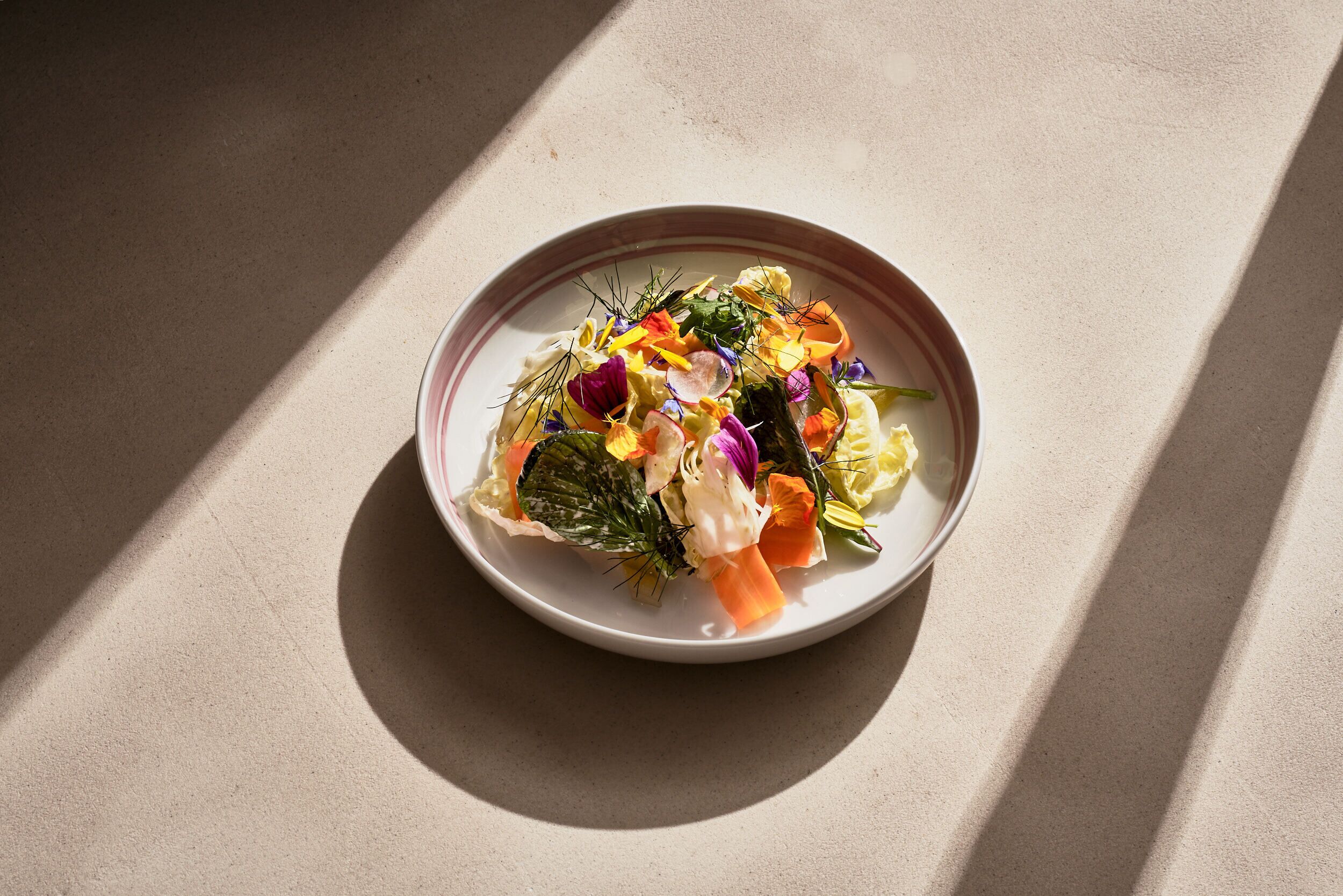 A plate of colorful vegetable salad on a table.