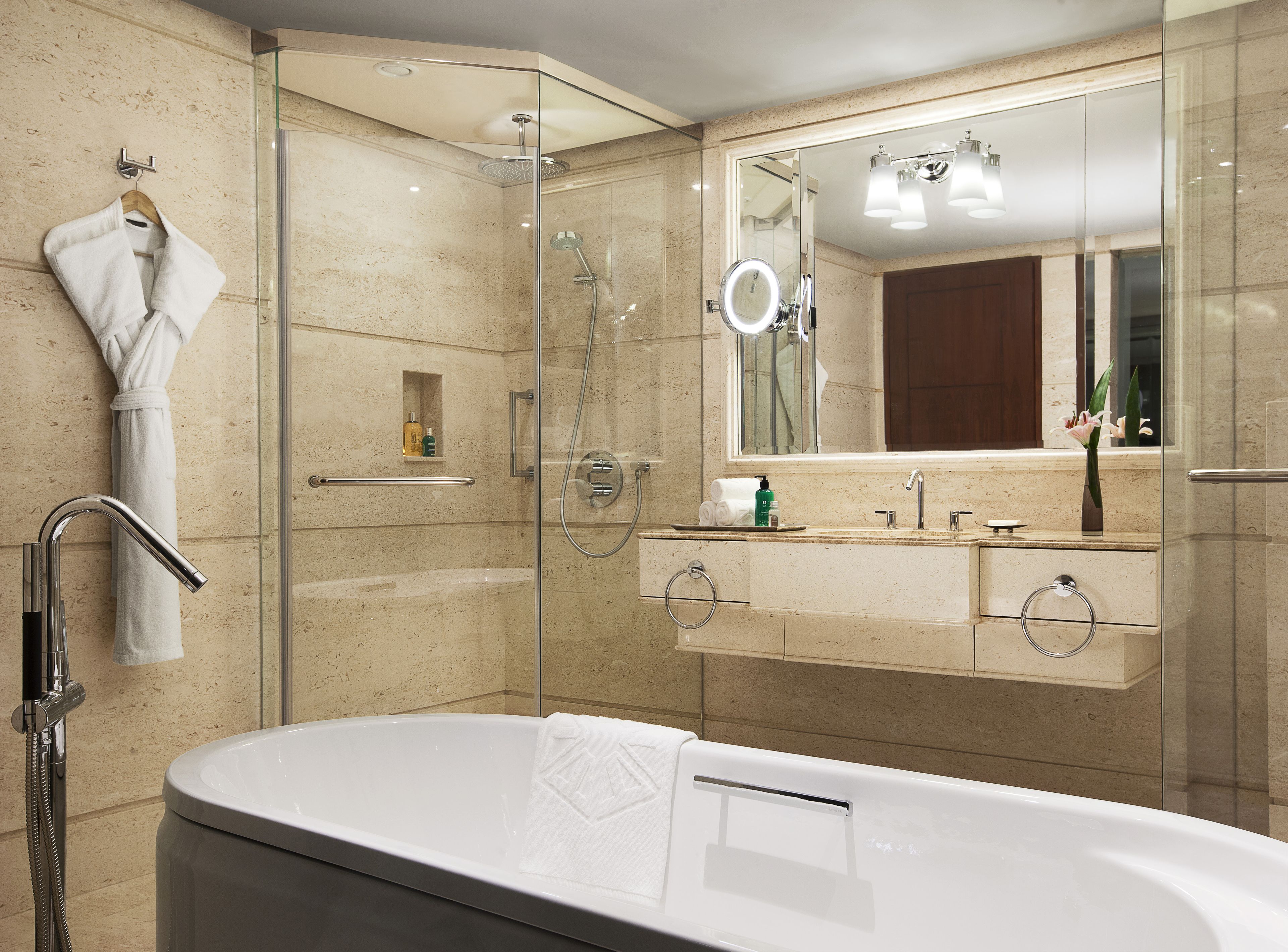 Eco-friendly toiletries, hair dryer, bathrobes, slippers