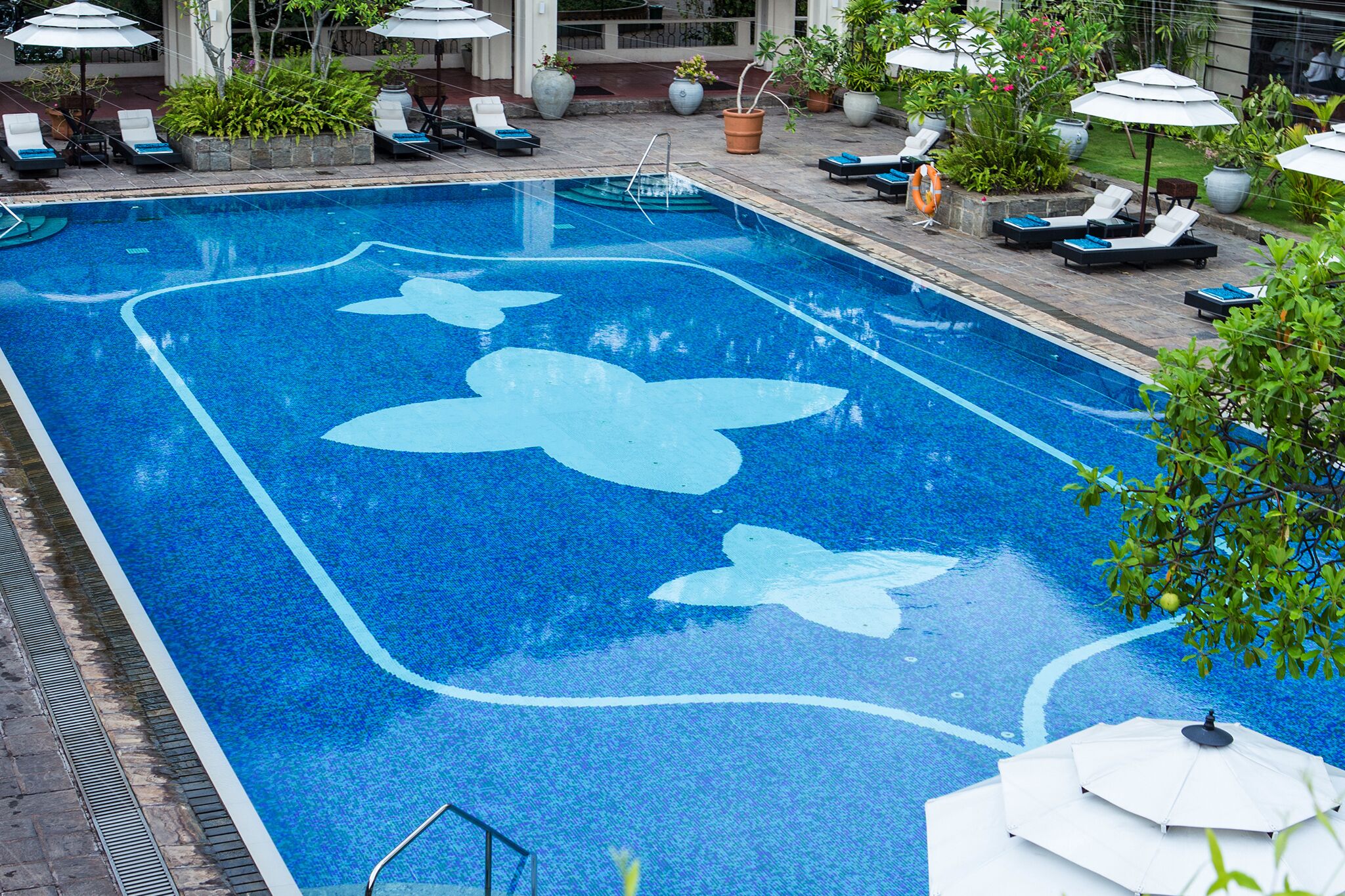 outdoor pool, pool umbrellas, pool loungers