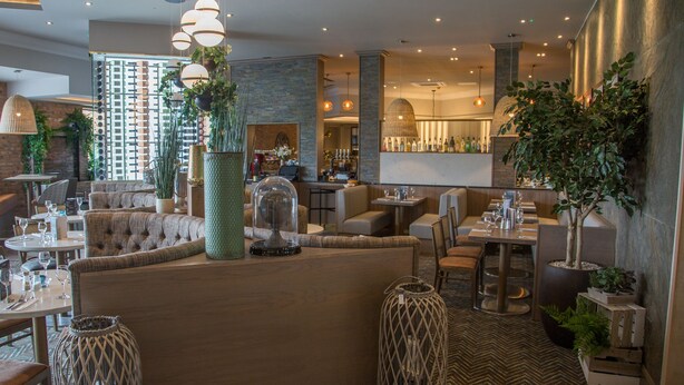 Un restaurante con zona de bar, asientos acolchados y plantas decorativas.