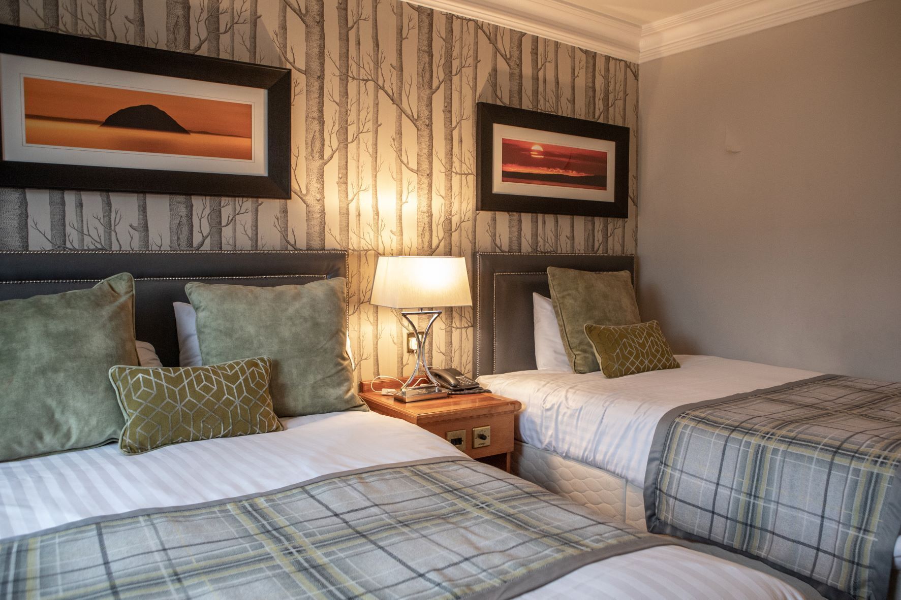 A hotel room with two beds, each with a plaid bedspread, a nightstand with a lamp, and two framed pictures on the wall.