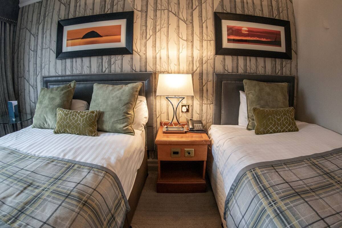 Quarto de hotel com duas camas, cada uma com cabeceira, mesa de cabeceira com abajur e telefone. As paredes têm papel de parede com padrão de árvores, e há duas quadros emoldurados acima das camas.