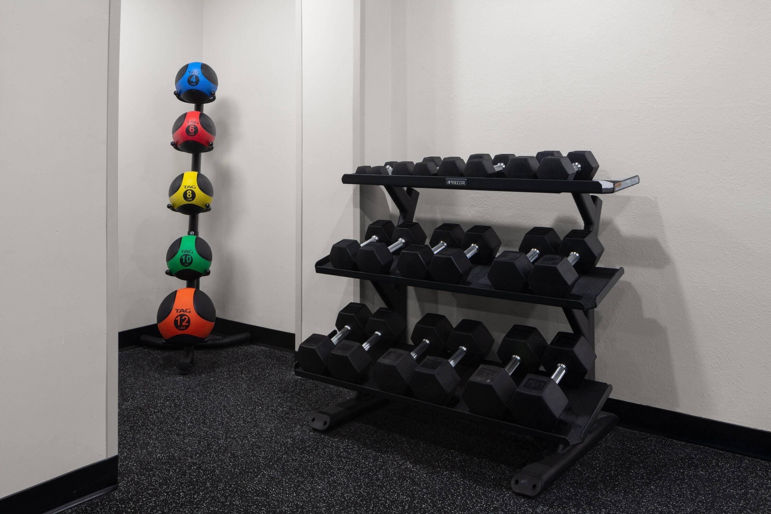 A corner of a room with a wall-mounted dumbbell rack and a set of colorful medicine balls.