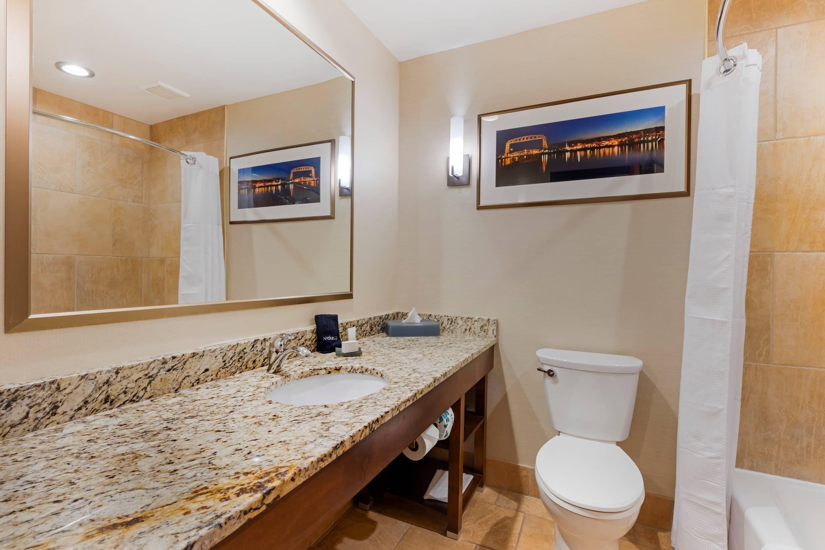 A bathroom with a marble sink, a toilet, a shower curtain, and two framed pictures on the wall.