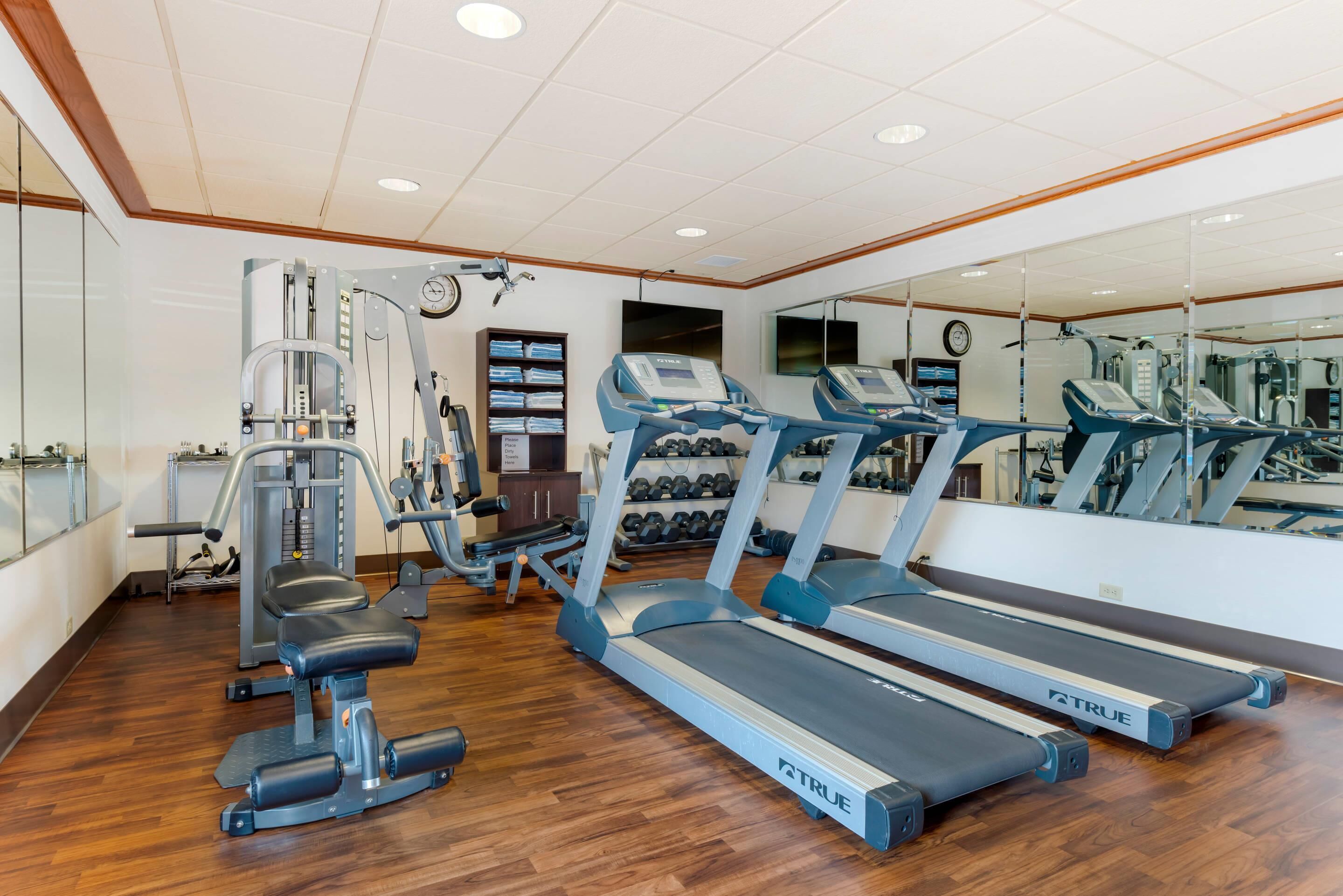 A gym with treadmills, weight machines, and dumbbells.