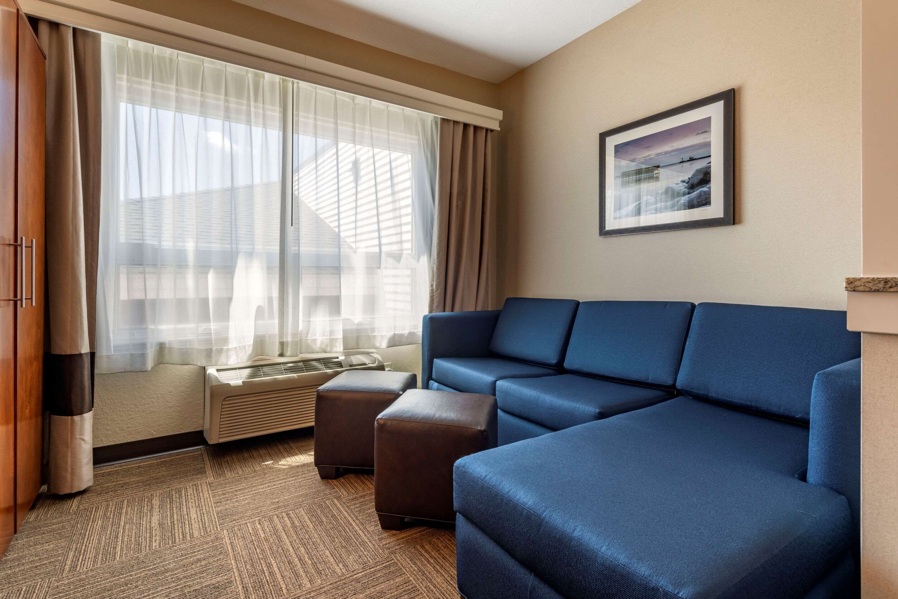 A hotel room with a blue sofa, two brown ottomans, a window with sheer curtains, a framed picture on the wall, and a radiator.