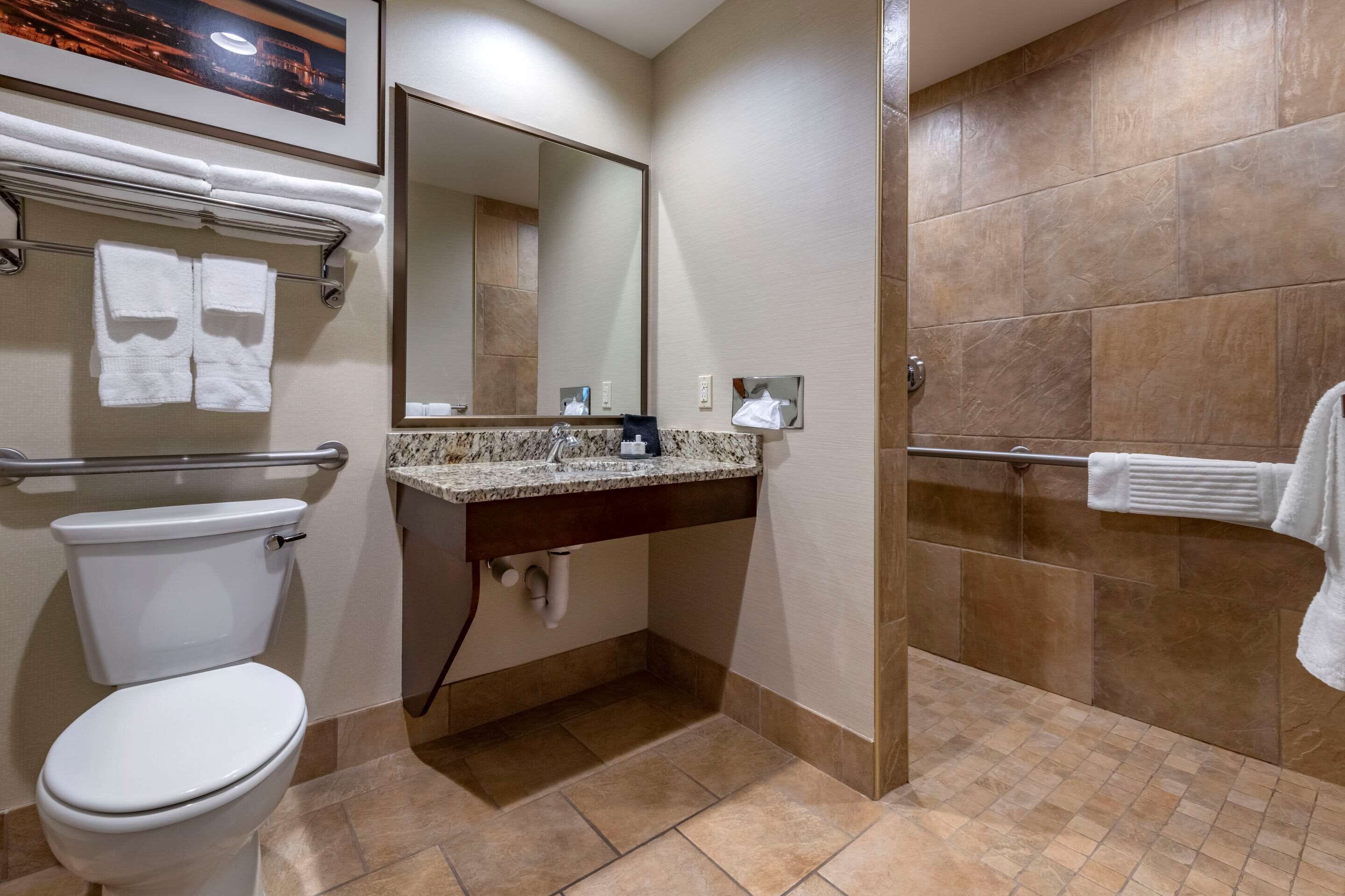 A bathroom with a toilet, sink, mirror, and towel rack.