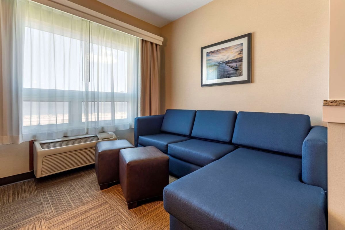 A room with a sectional sofa, an air conditioning unit, a window with sheer curtains, and a framed picture on the wall.