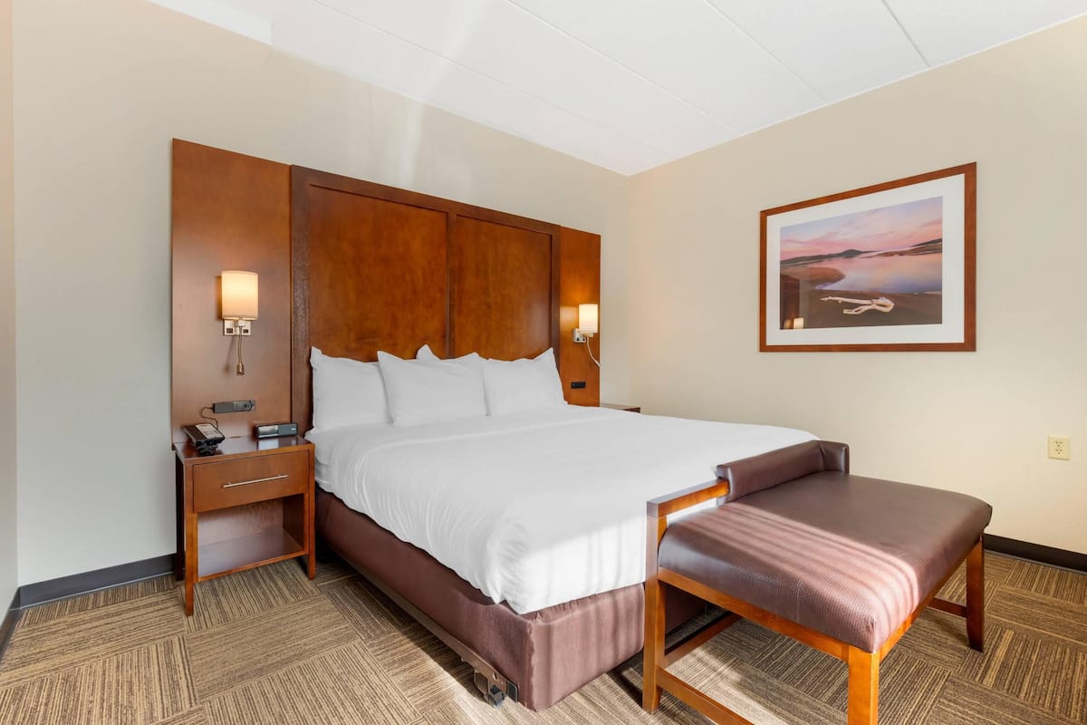 A hotel room with a large bed, bedside tables, a bench, and a framed picture on the wall.