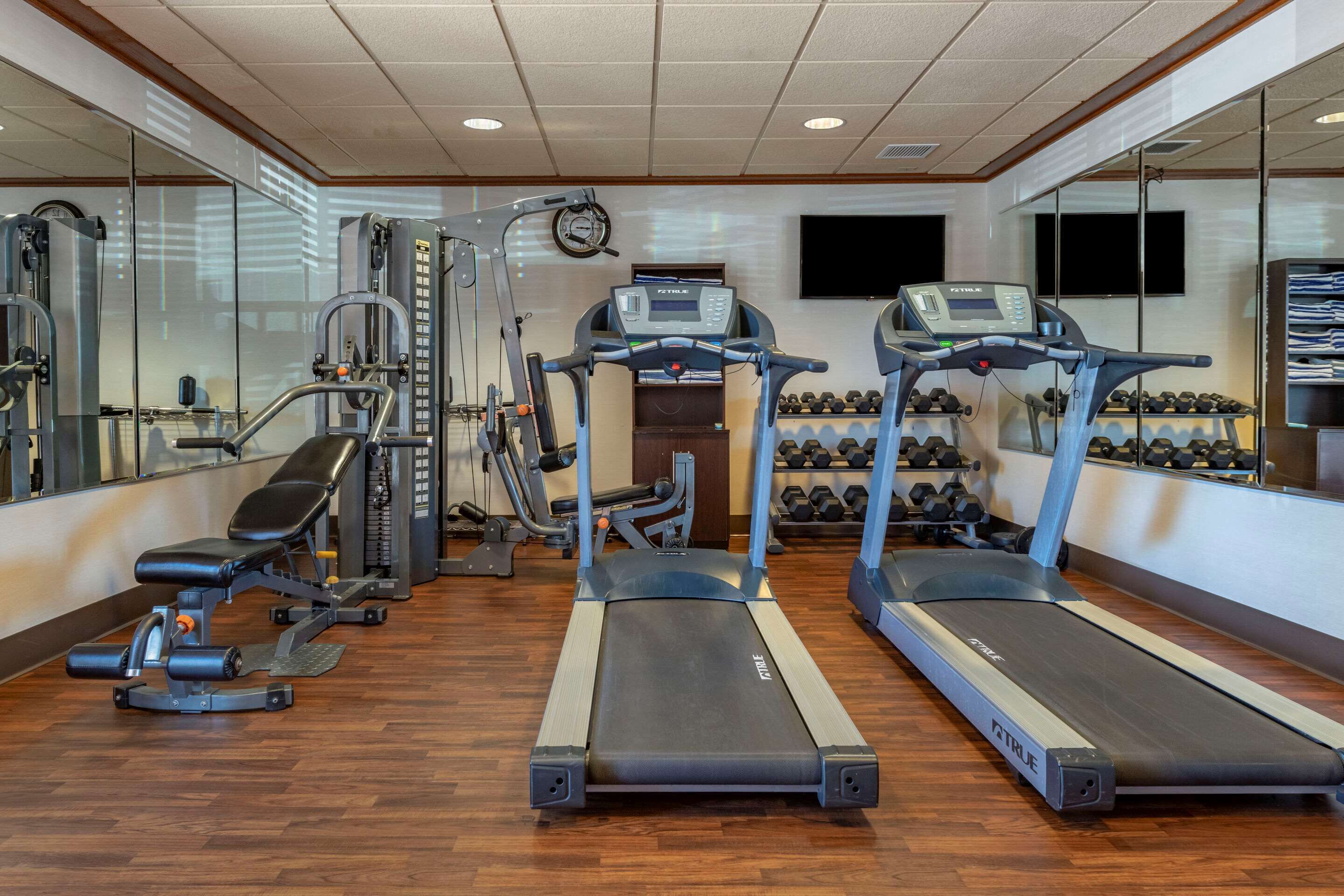 Un gimnasio con cintas de correr, máquinas de pesas y un muro de espejos.