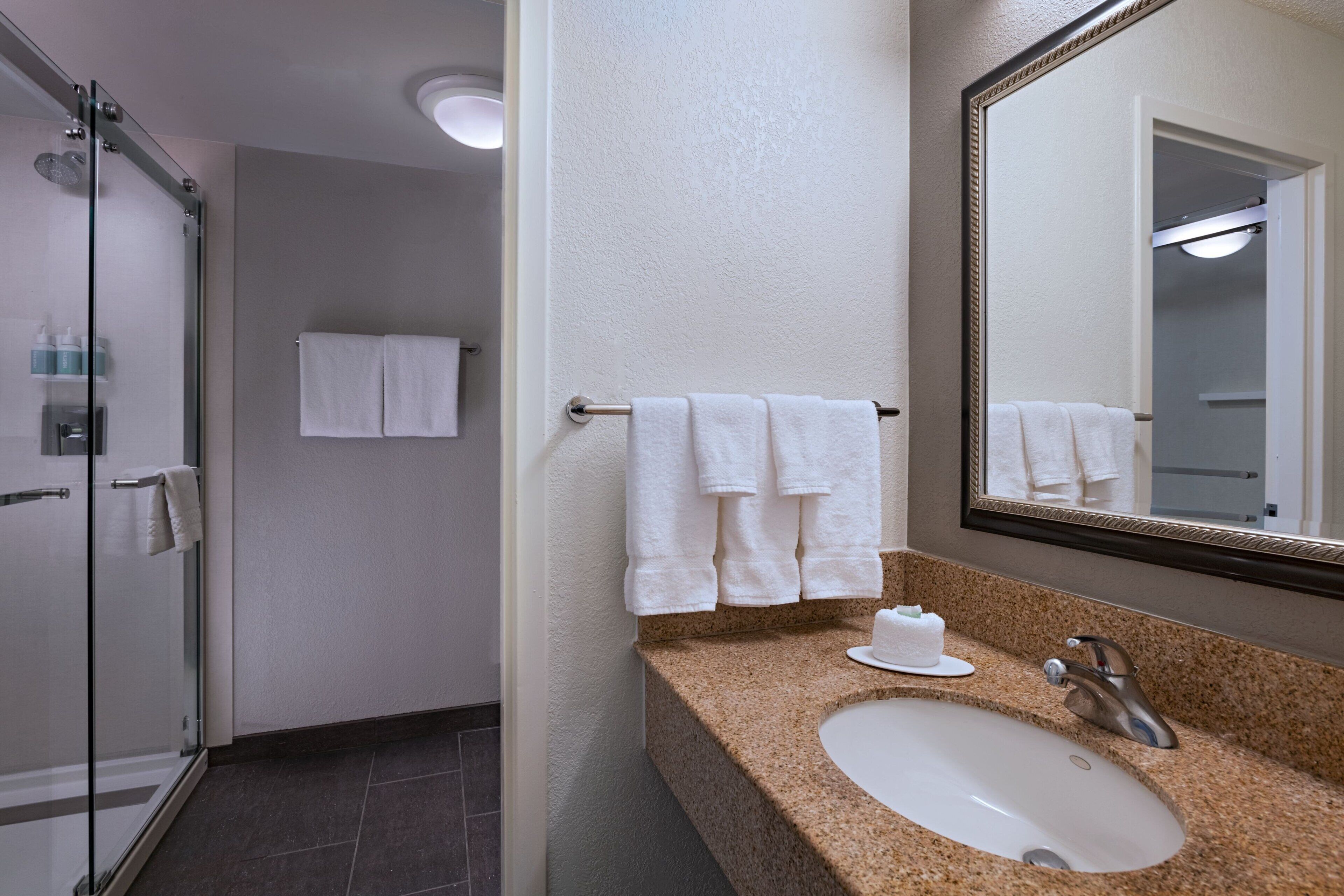 combined shower/bathtub, free toiletries, hair dryer, towels