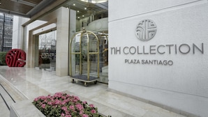 Entrada d'un edifici modern amb una porta de vidre, un ascensor metàl·lic i un cartell que diu "TH COLLECTION PLAZA SANTIAGO".