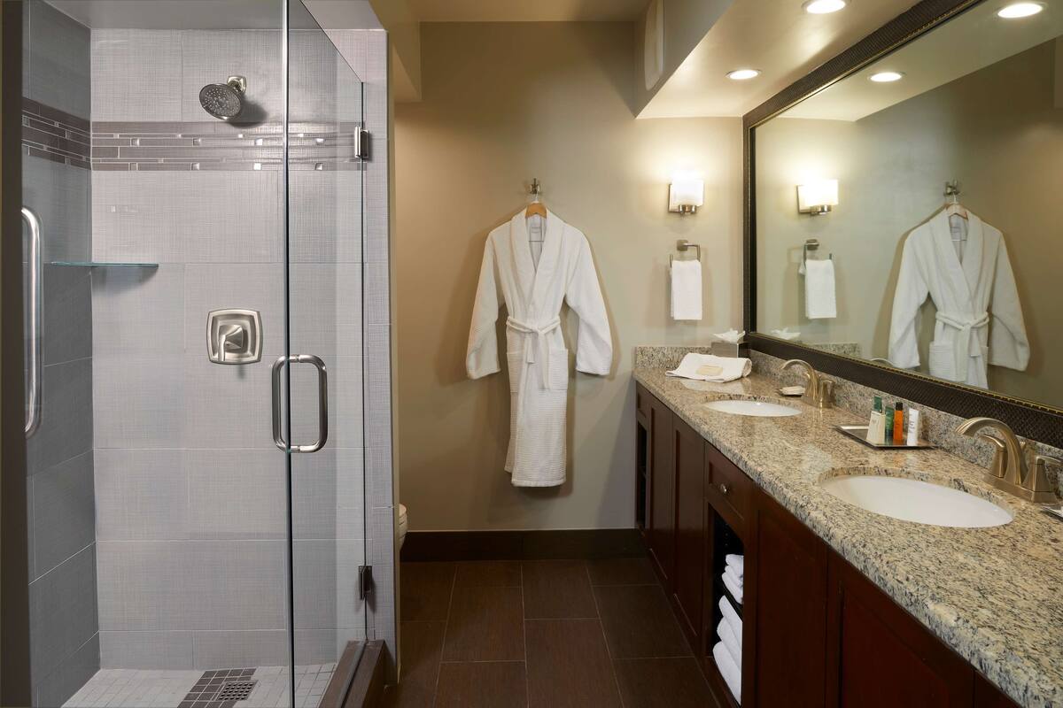 A hotel bathroom with a glass-enclosed shower, two sinks, a large mirror, and a towel rack.