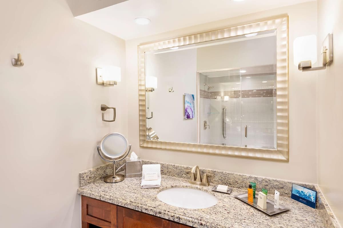Bathroom | Combined shower/tub, designer toiletries, hair dryer, towels