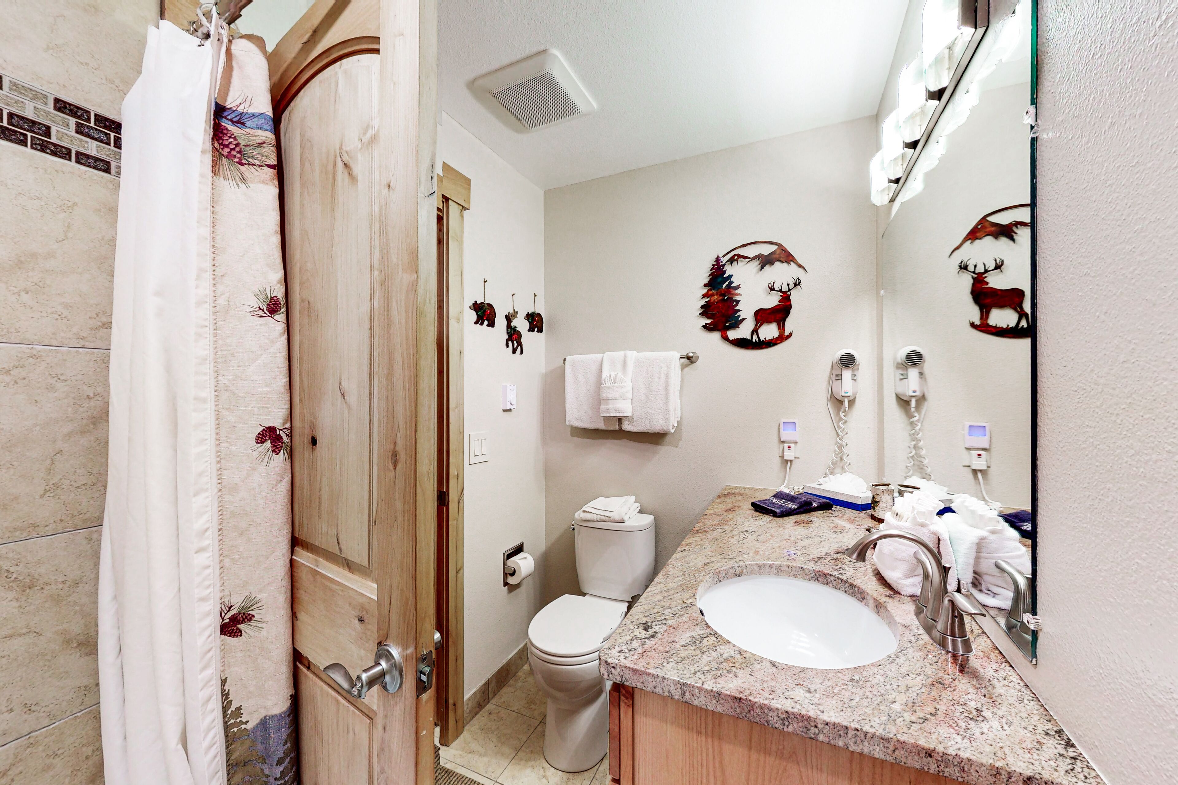 A bathroom with a wooden door, a toilet, a sink, and a mirror.