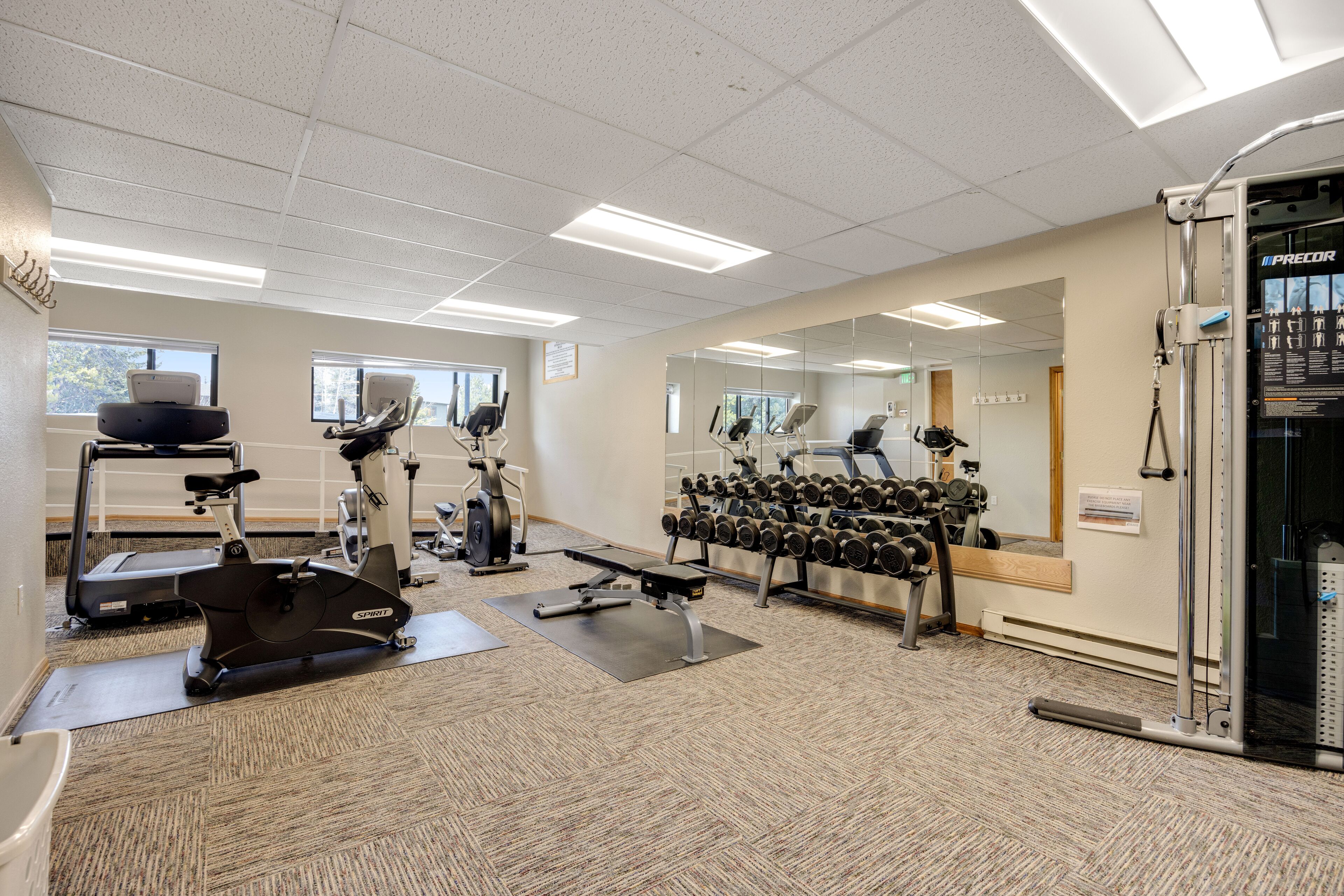 A gym with cardio machines, free weights, and a mirrored wall.