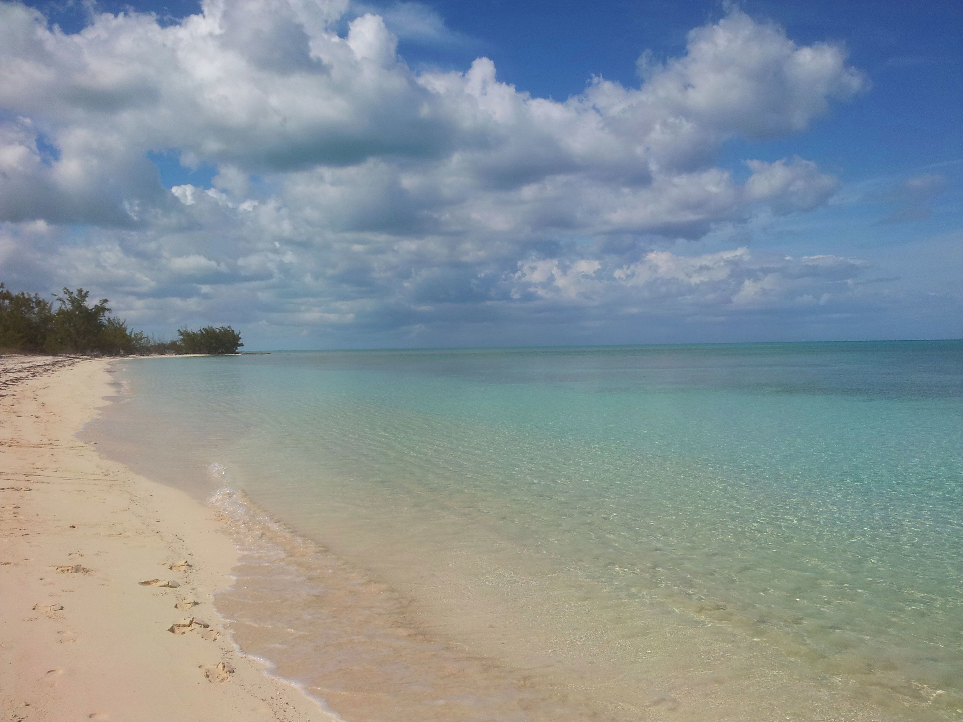 A beach with clear turquoise water and a sandy shore.