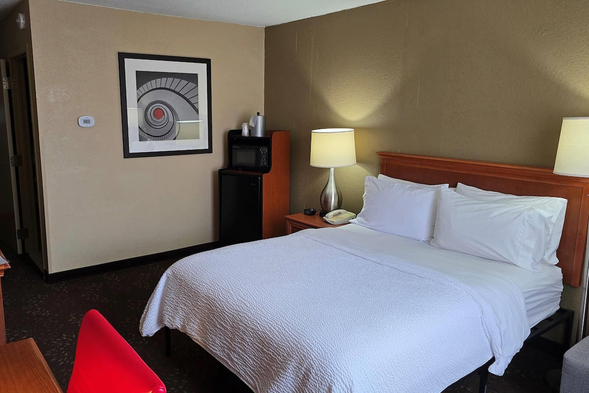 A hotel room with a bed, a desk, a chair, a lamp, a microwave, and a framed picture on the wall.