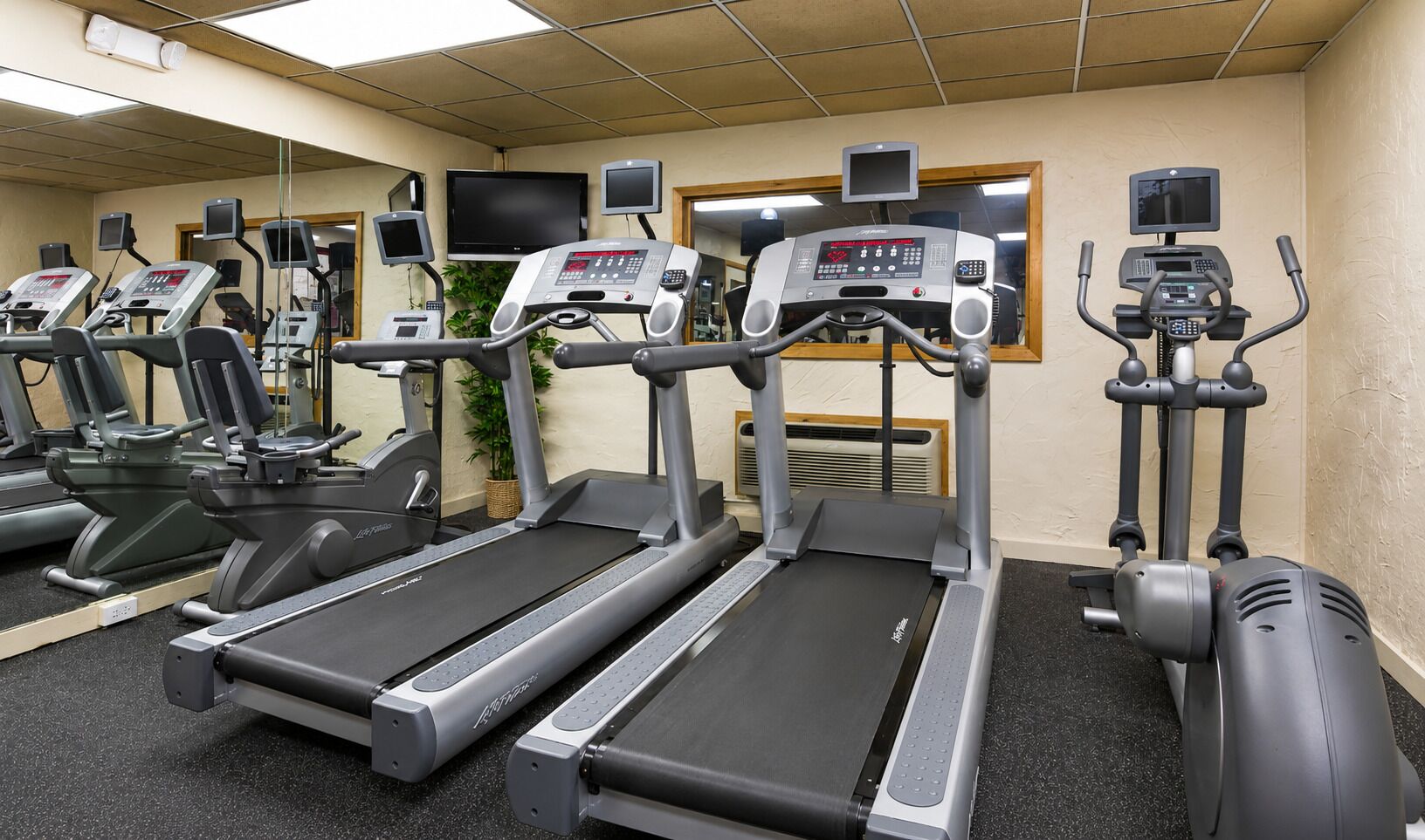 Un gimnasio con cintas de correr, elípticas y bicicletas estáticas.
