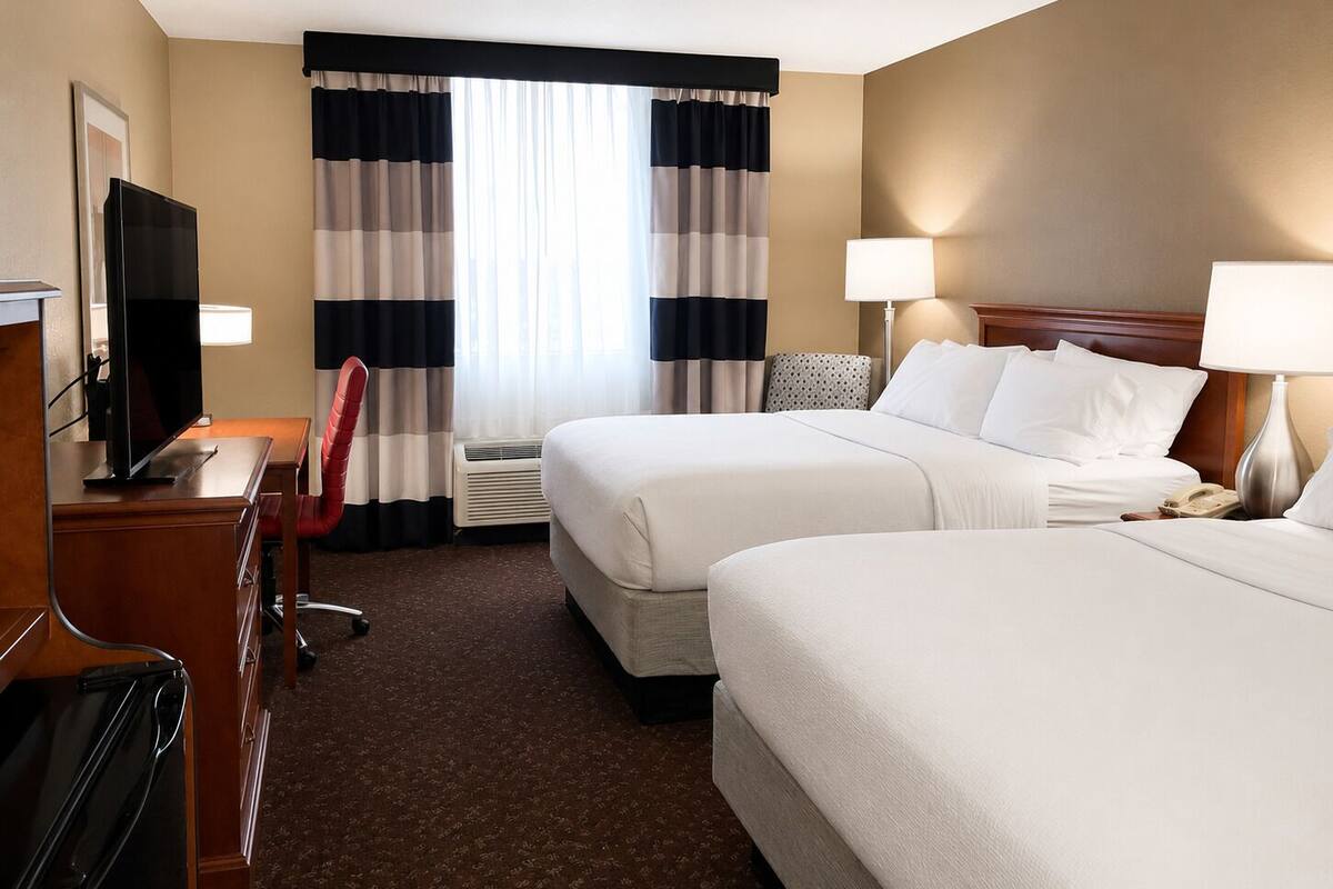 Premium bedding, desk, laptop workspace, blackout curtains