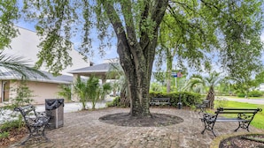 A paved outdoor area with a large tree, benches, and a trash can. - Motel 6 Summerville, SC – Charleston (Summerville)