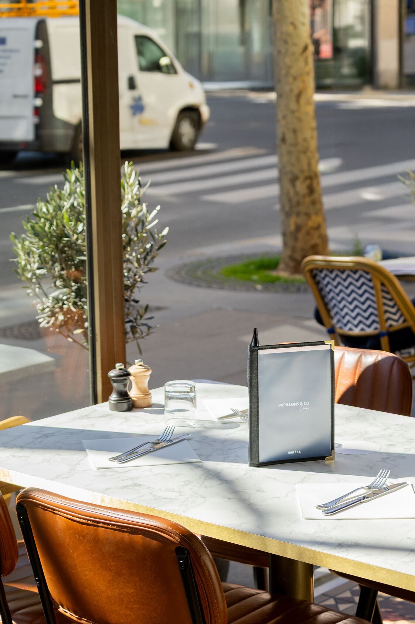 An outdoor dining area with a table set for two, a menu, salt and pepper shakers, and a small potted plant.