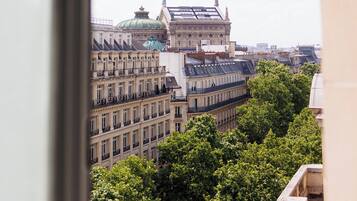 Vista de un paisaje urbano con edificios históricos y un parque arbolado.