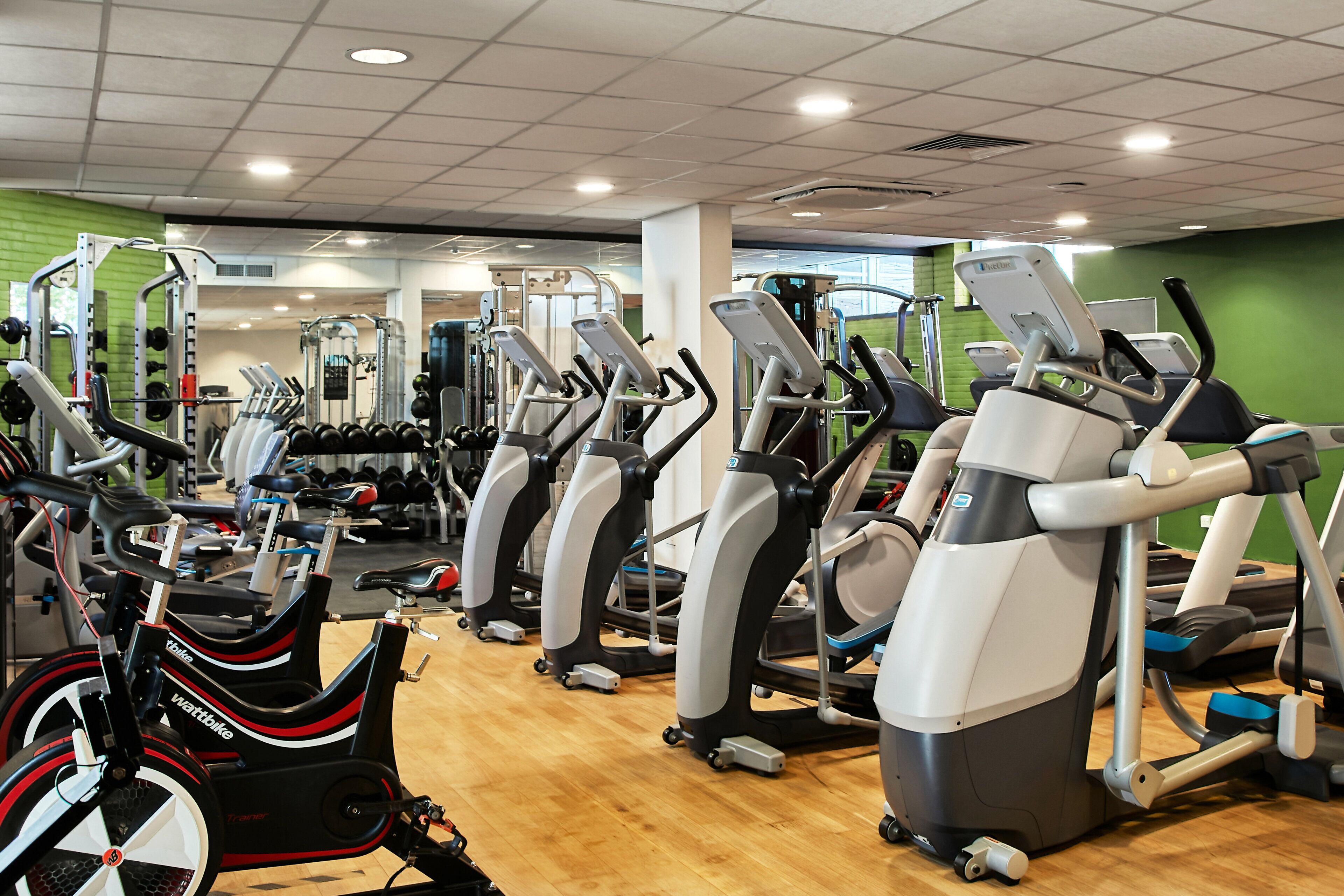 A gym with various cardio machines, weightlifting equipment, and a mirrored wall.