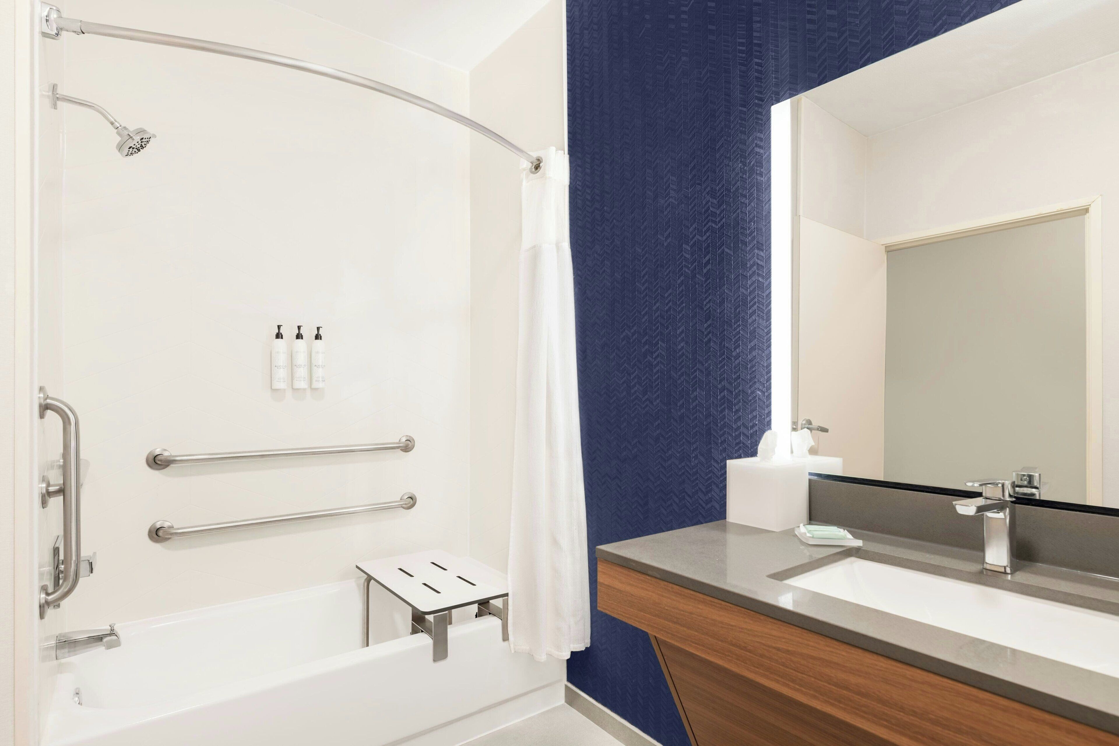 A modern bathroom with a walk-in shower, grab bars, a vanity with a mirror, and a toilet paper dispenser.
