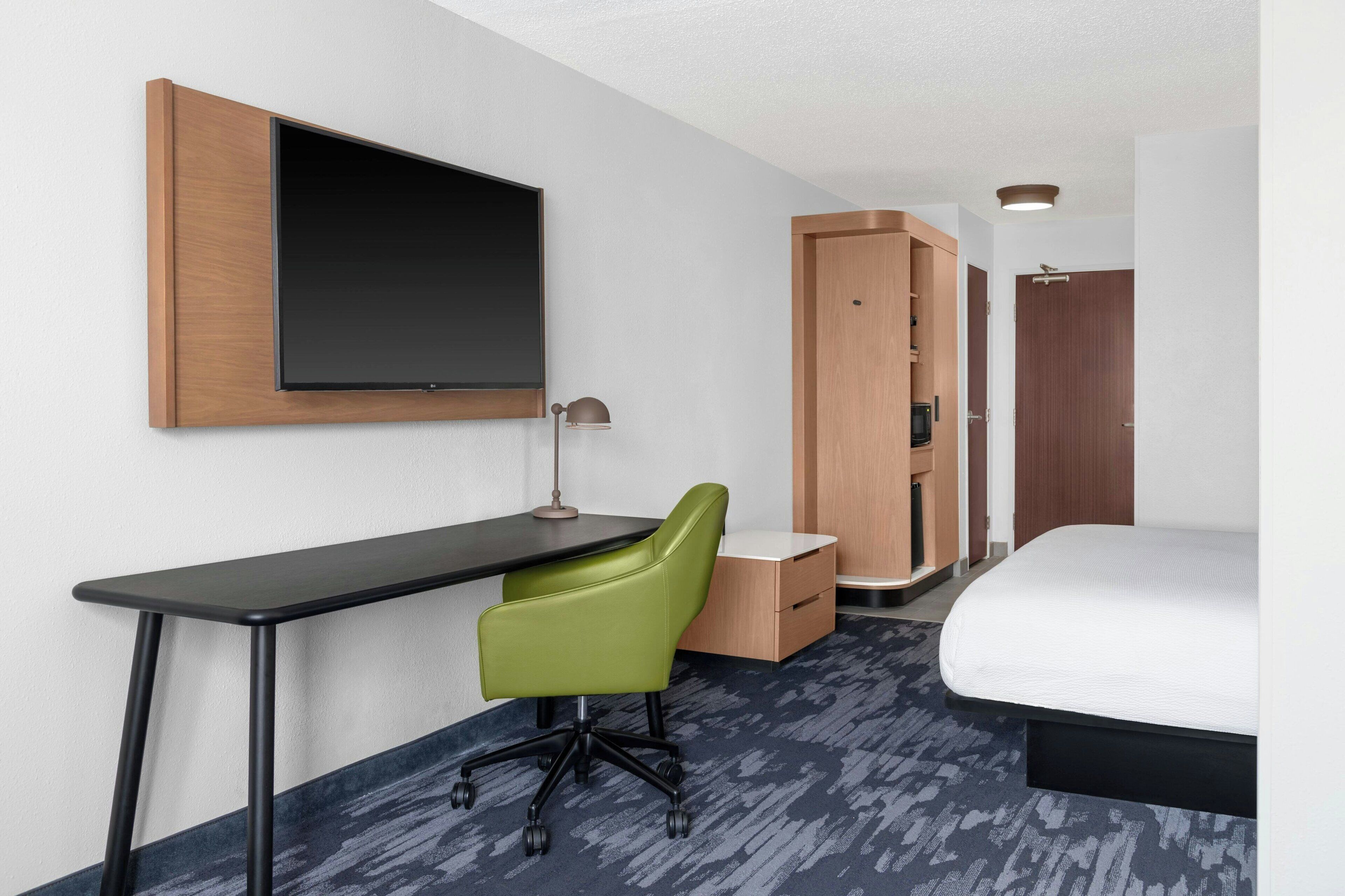 Premium bedding, desk, blackout curtains, iron/ironing board