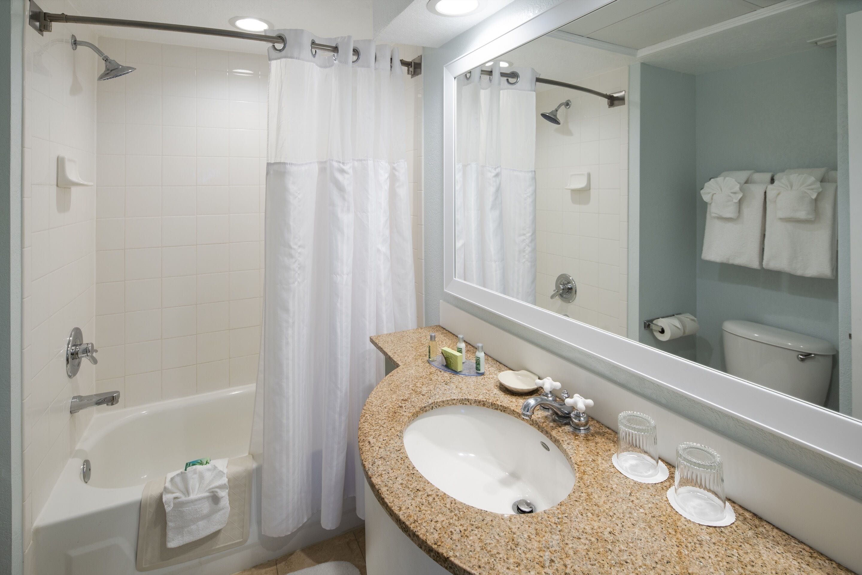 Un baño con bañera, un lavabo con encimera de granito, un espejo y una ducha con cortina.